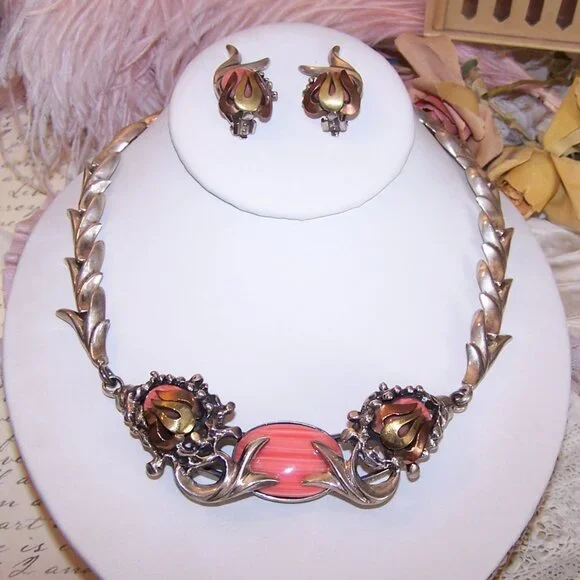 Made in Mexico Mexican 950 Silver and Pink Rhodochrosite Necklace/Clip Earrings - Picture 9 of 13
